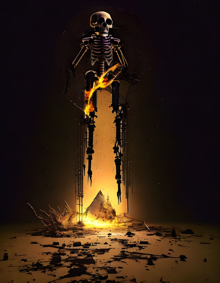 Skeleton with Halo in Fiery Explosion on Dark Background