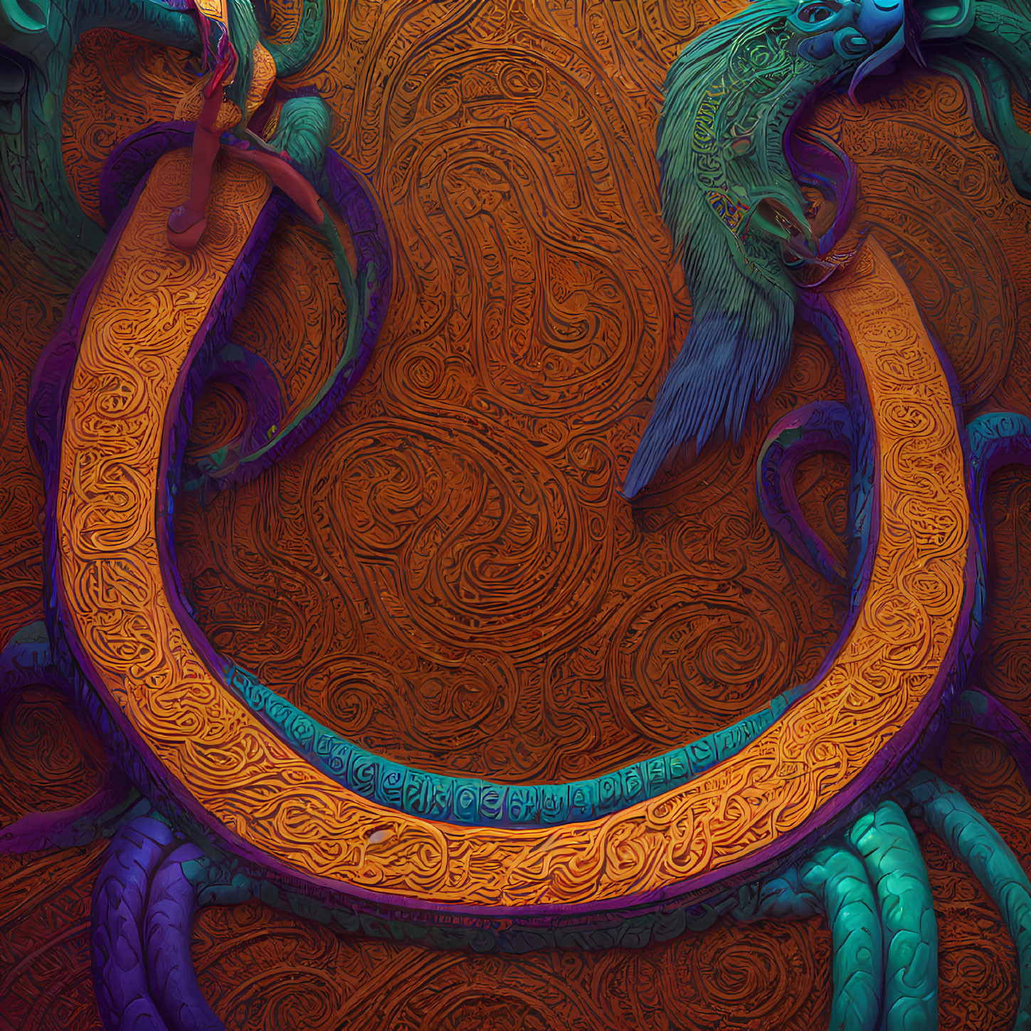 Intricate intertwined serpents on textured background