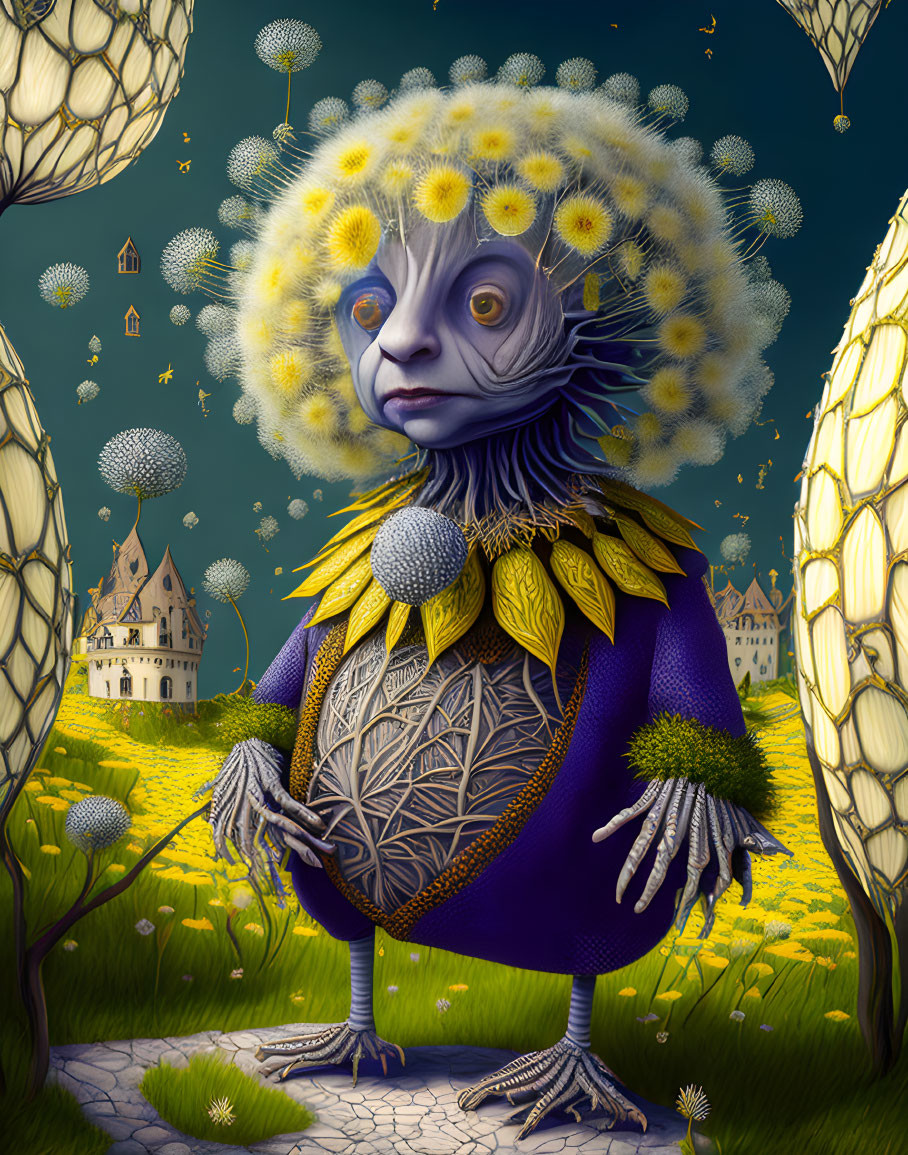 Whimsical dandelion creature in blue cloak amid fantasy landscape