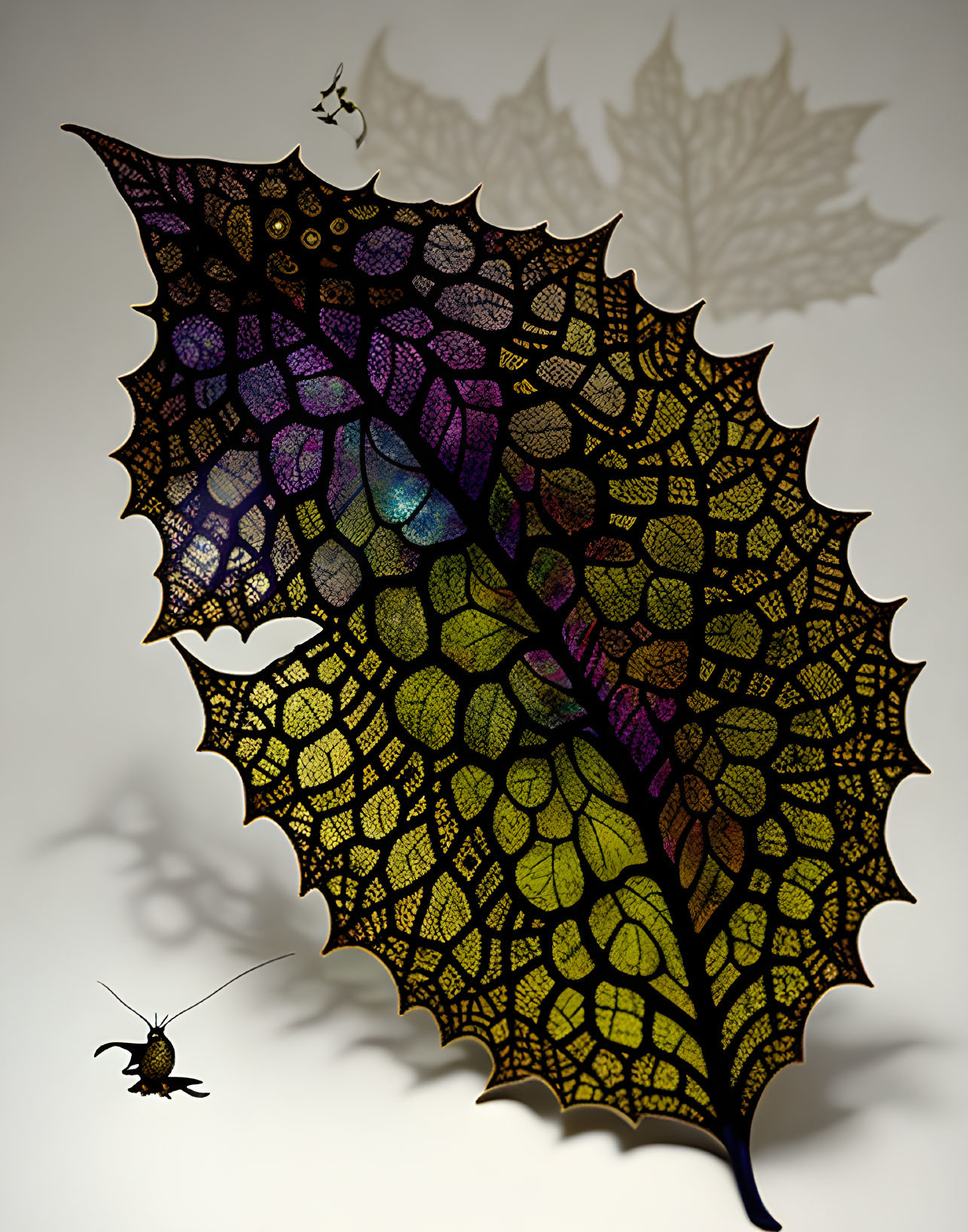 Colorful leaf with intricate patterns and shadow resembling a beetle, with a real beetle aligned.