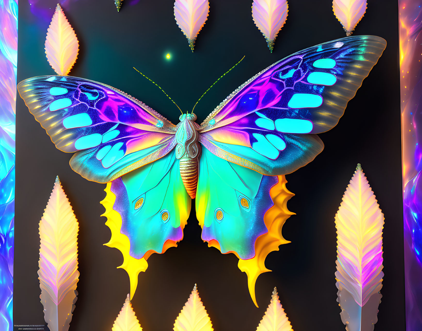 Colorful Butterfly Artwork with Neon Wings and Cosmic Background