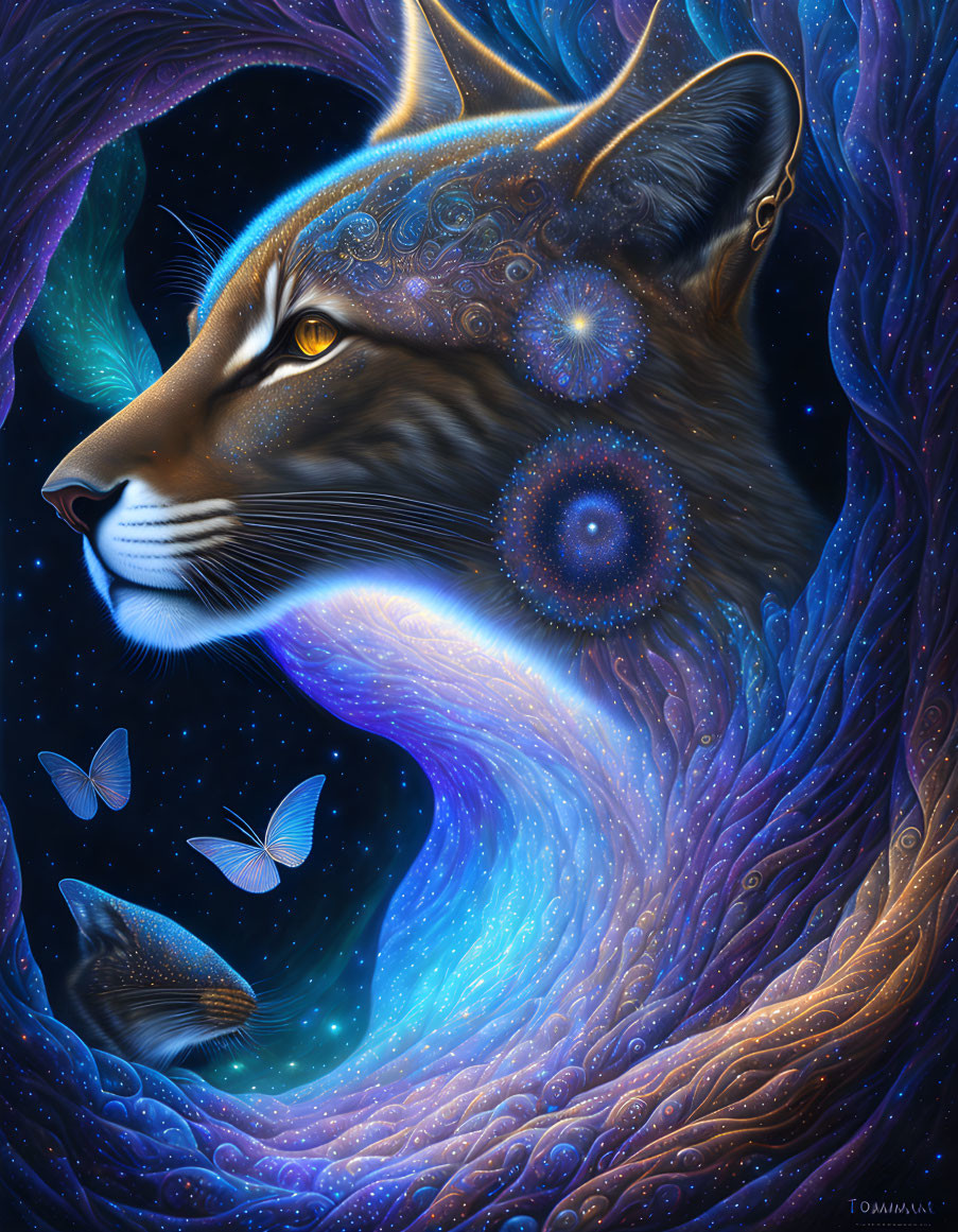 Mystical cosmic fox with starry patterns and butterflies in blue and purple palette