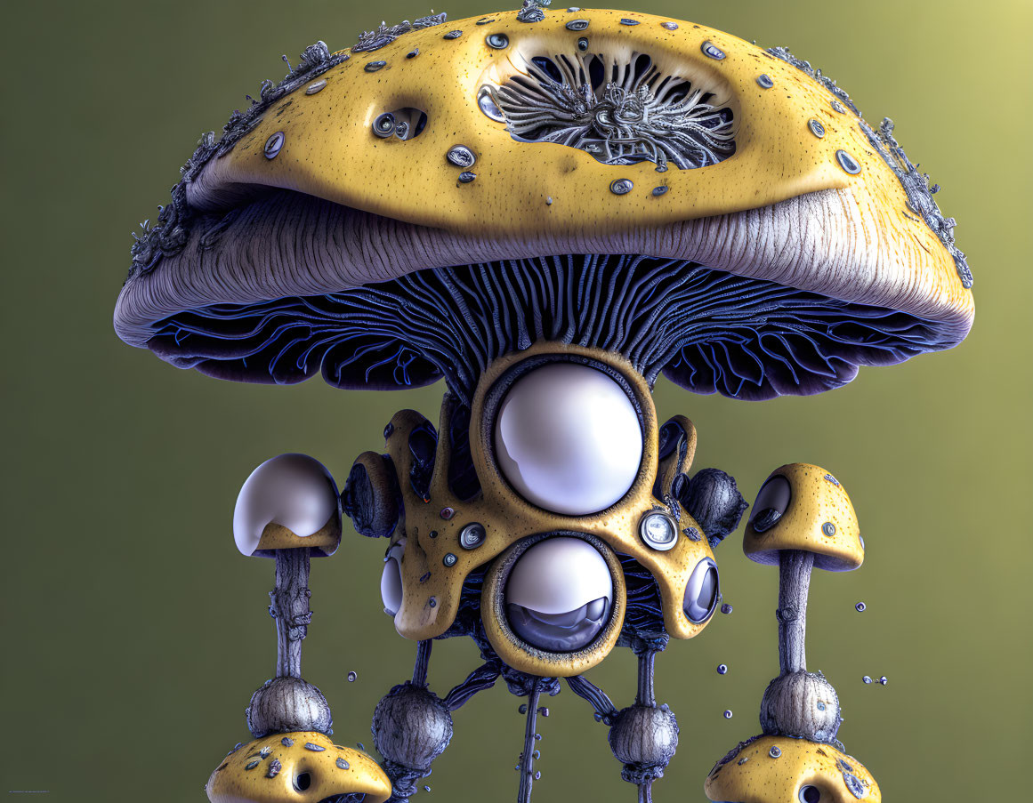 Surreal 3D artwork: Mechanical mushroom with yellow cap, gills, and orb-like