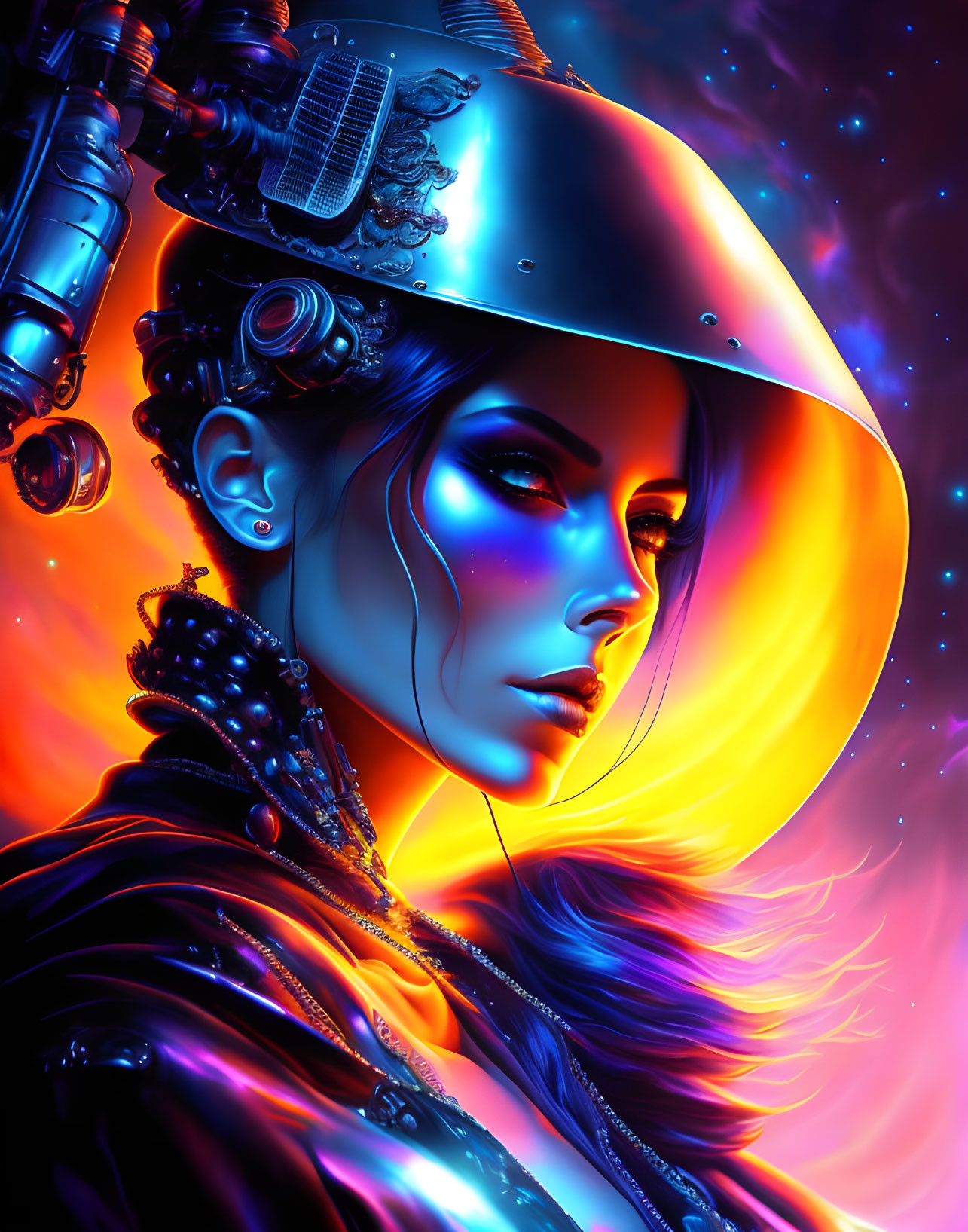 Cybernetic female figure with glowing helmet in cosmic setting