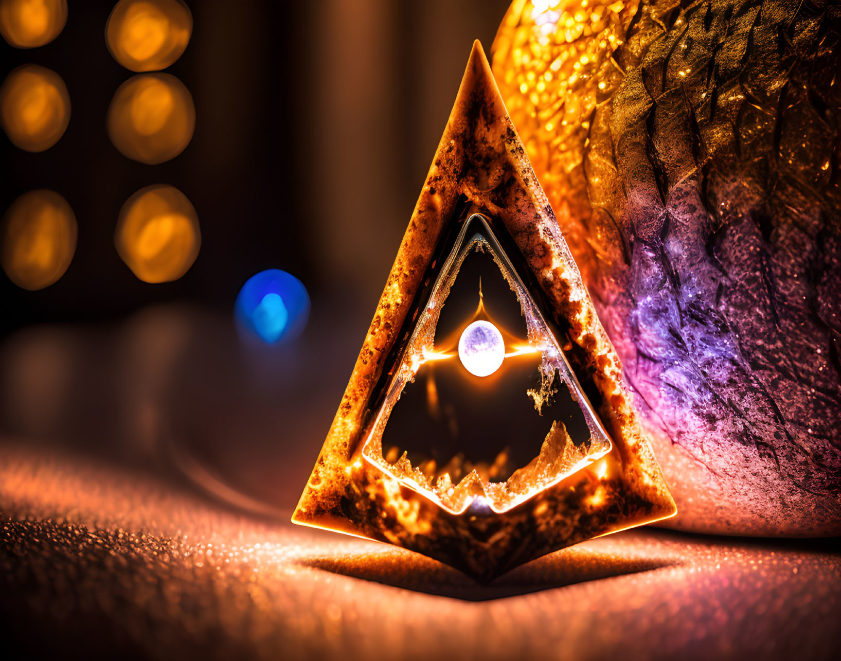 Triangular candle holder with lit candle, festive baubles, warm bokeh lights