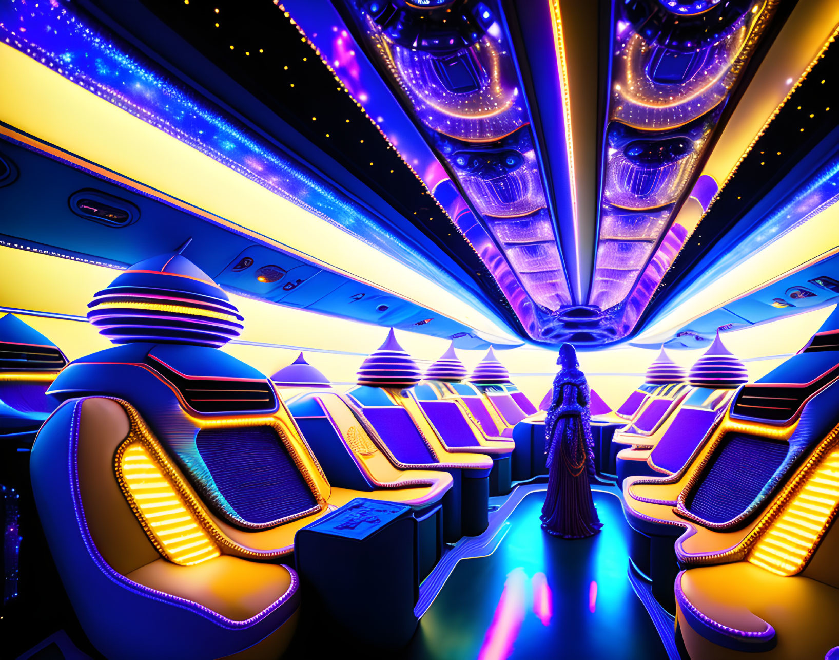 Futuristic spaceship interior with neon lights and advanced seats