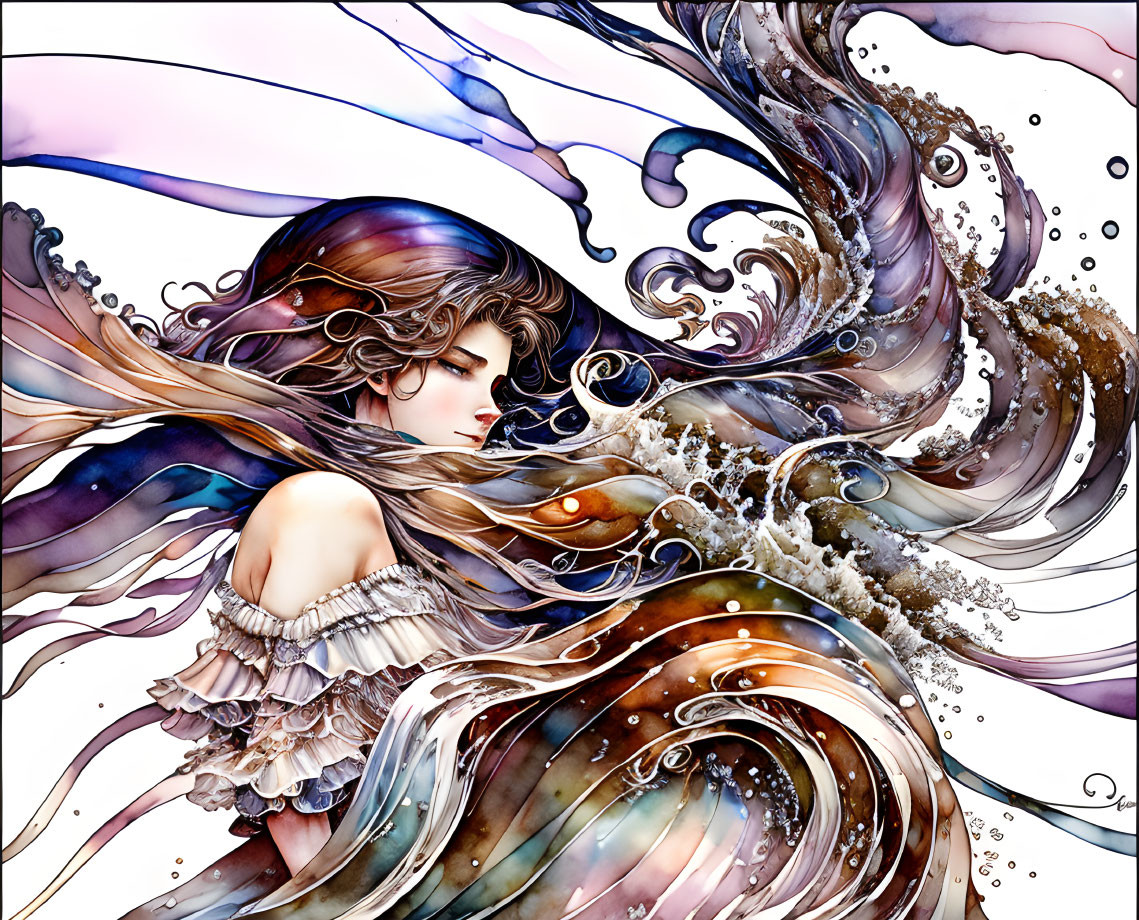 Colorful Illustration of Woman Blending with Water and Air