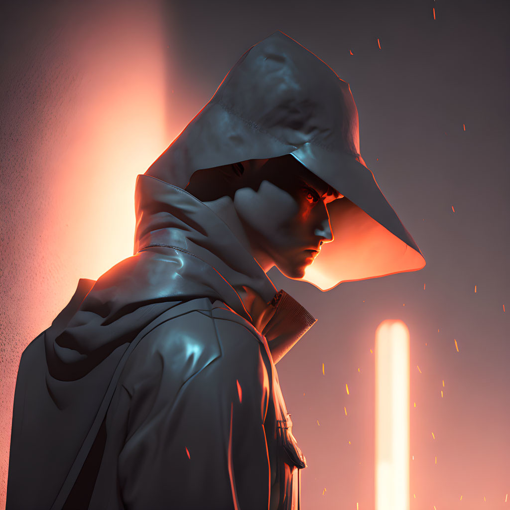 Profile of hooded figure with red glow, casting dramatic shadows in ember-filled scene