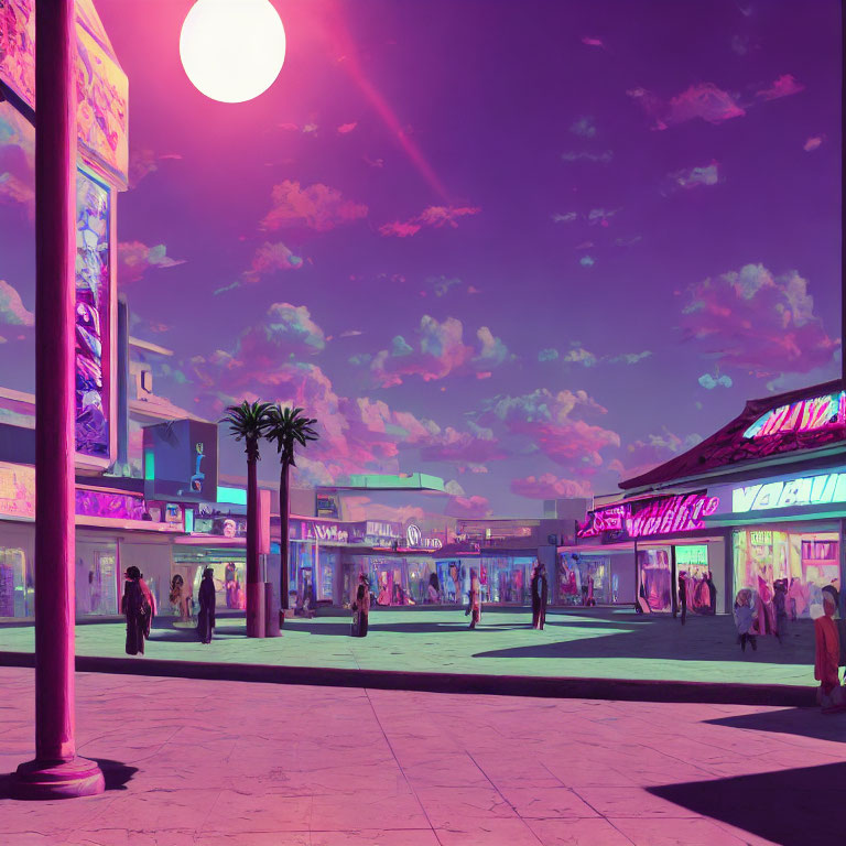 Vibrant surreal cityscape with neon signs, people, and palm trees under pink-purple sky