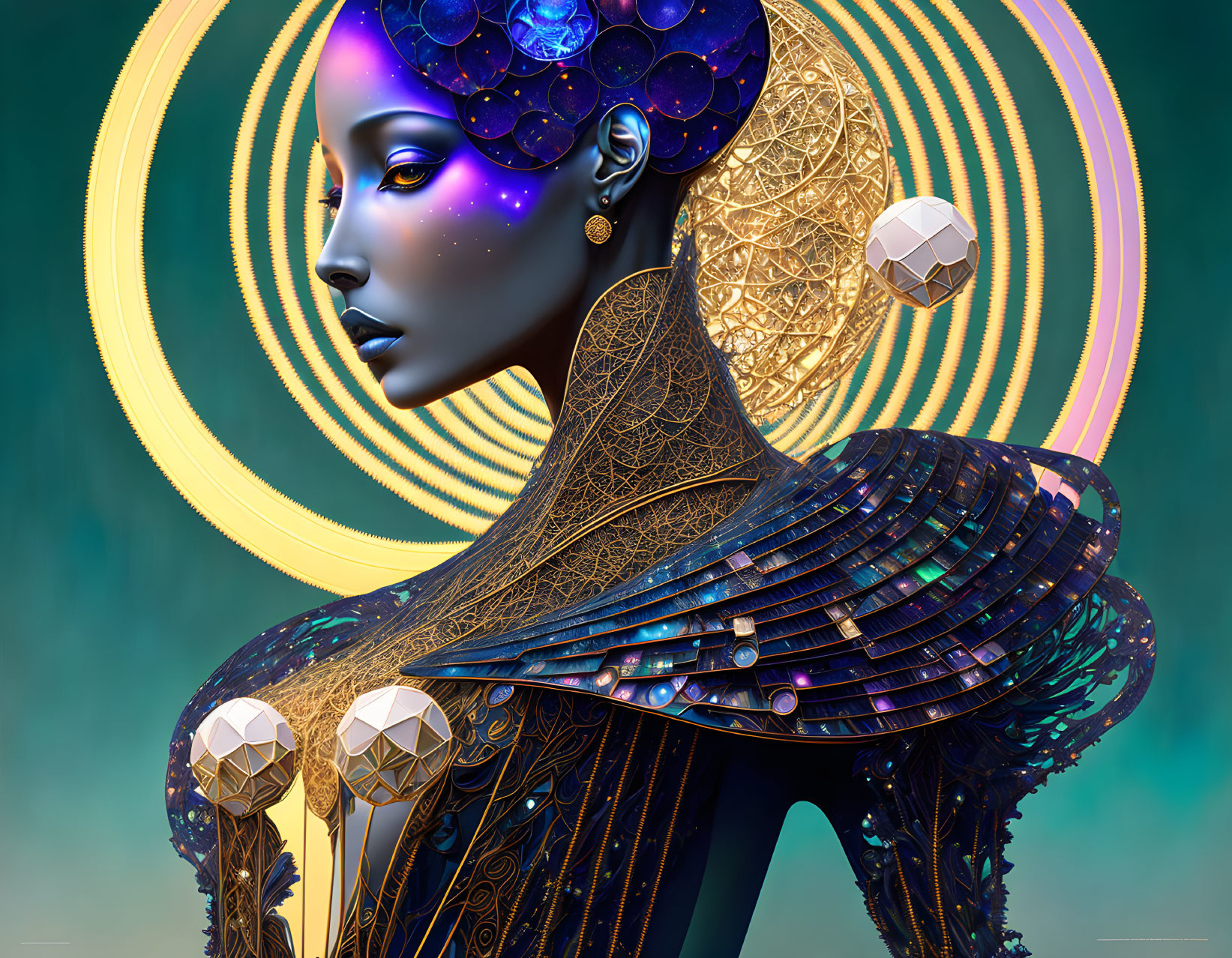 Blue-skinned woman with golden headpiece in digital art.