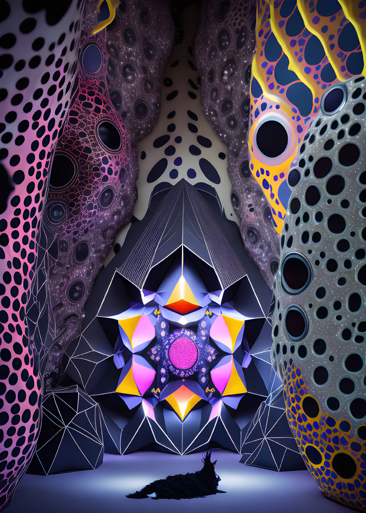 Abstract digital artwork with vibrant colored shapes above a shadowy figure.