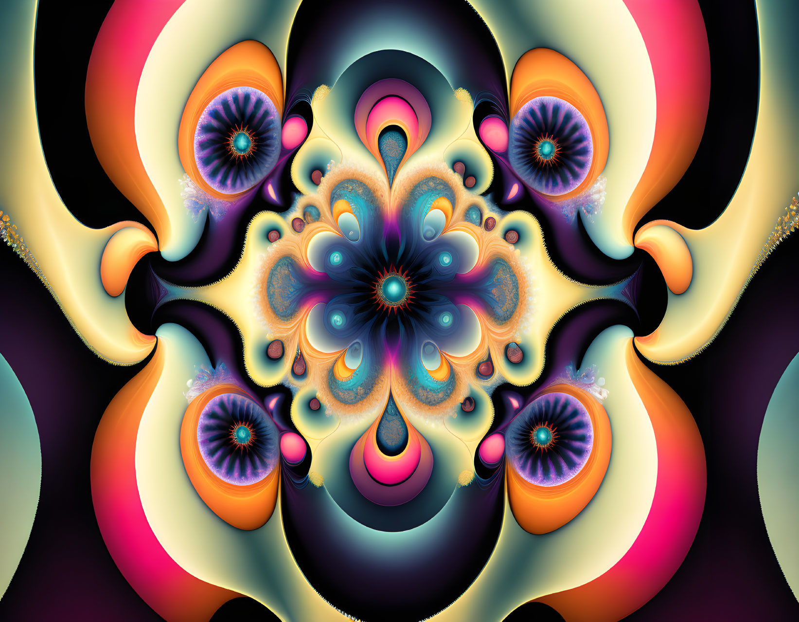 Symmetrical abstract fractal art in orange, blue, and black hues