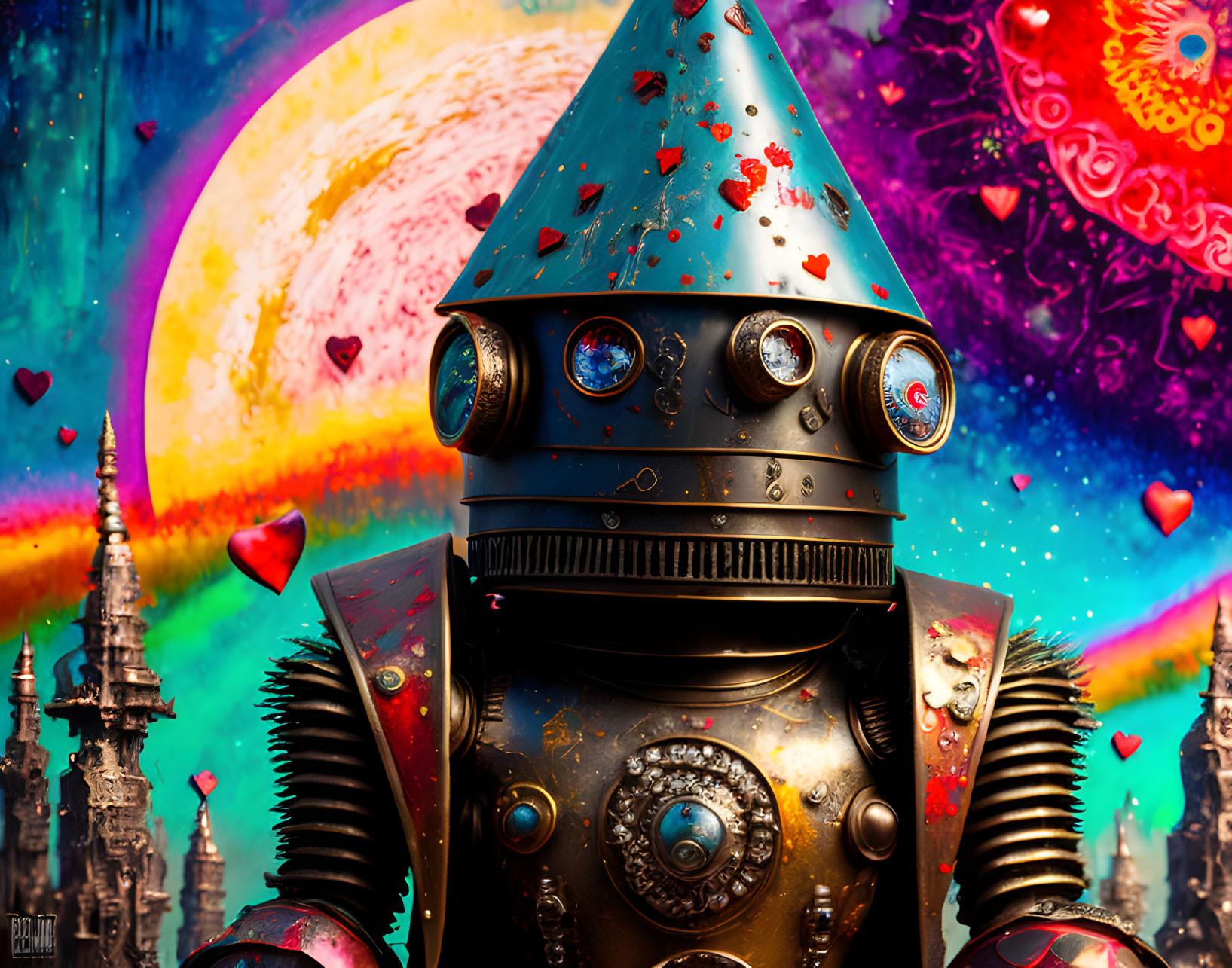 Colorful whimsical robot with conical hat on vibrant backdrop full of hearts and ornate spires