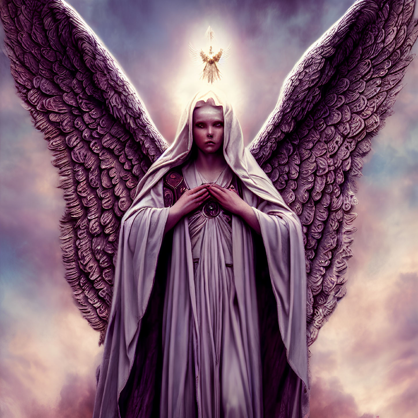 Angelic figure with wide wings and halo in ethereal robes against dramatic sky