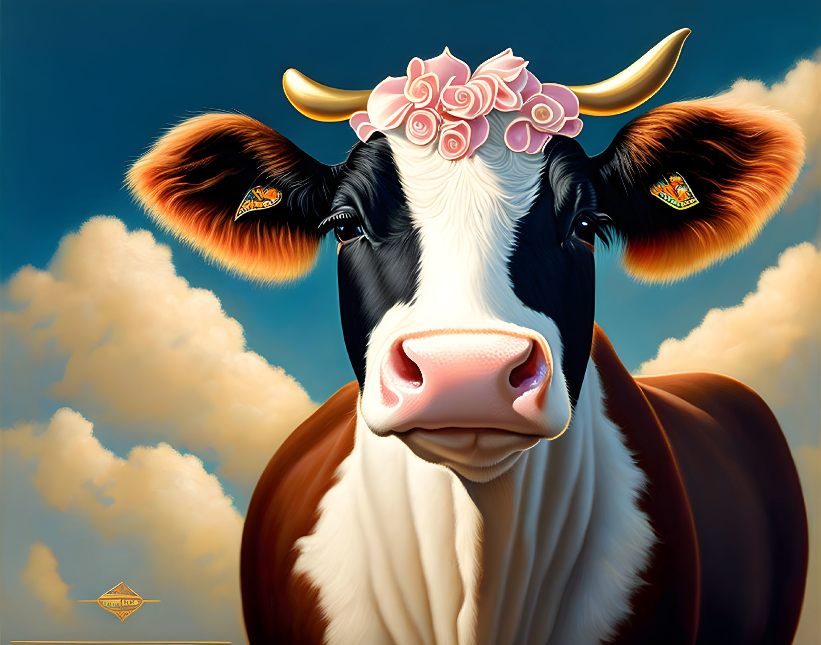 Whimsical cow painting with floral crown and golden horns