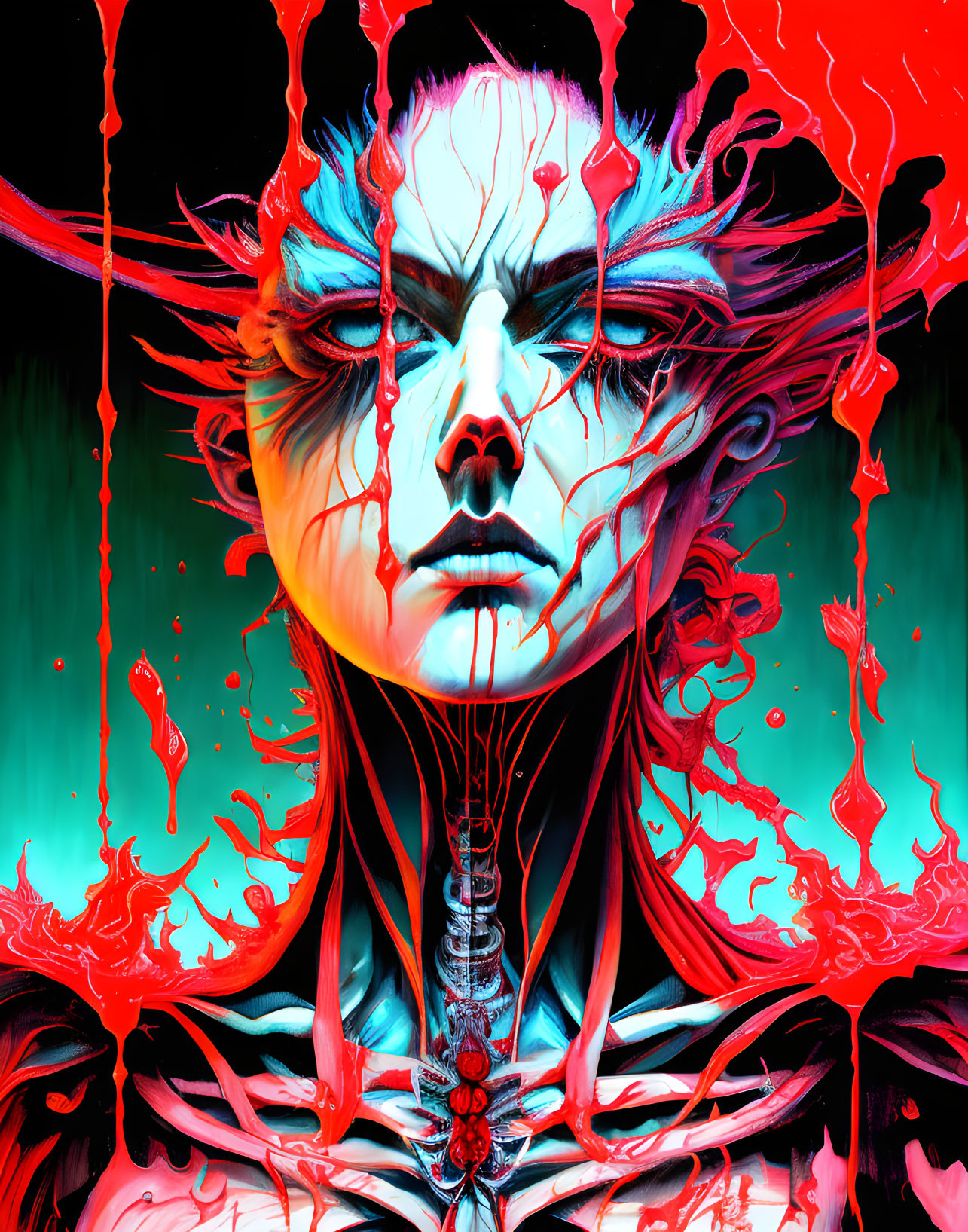 Surreal portrait with stylized makeup and red liquid splashes on teal backdrop