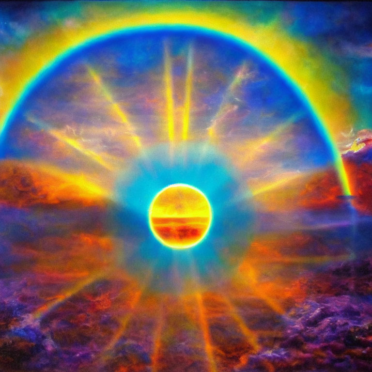 Circular rainbow and radiant sun in colorful sky