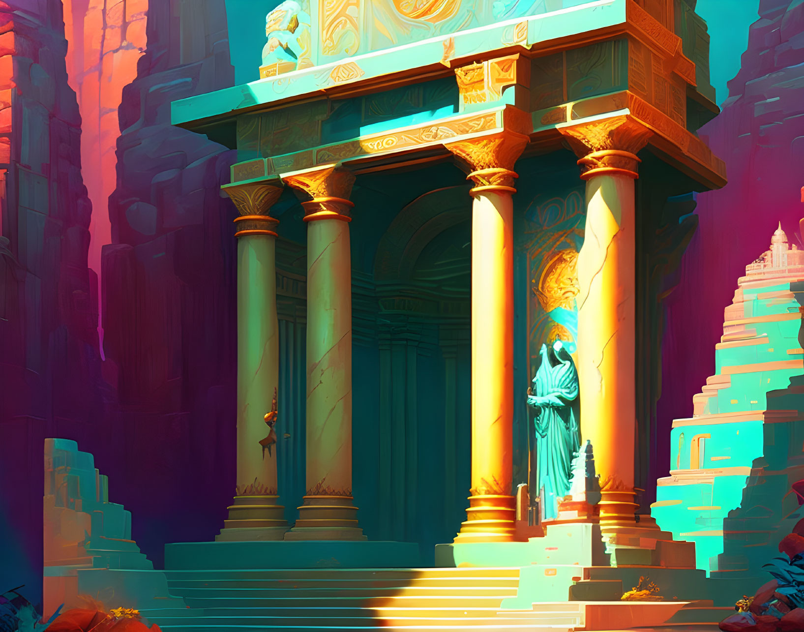 Digital Artwork: Lone Figure at Ancient Temple Amidst Rock Formations