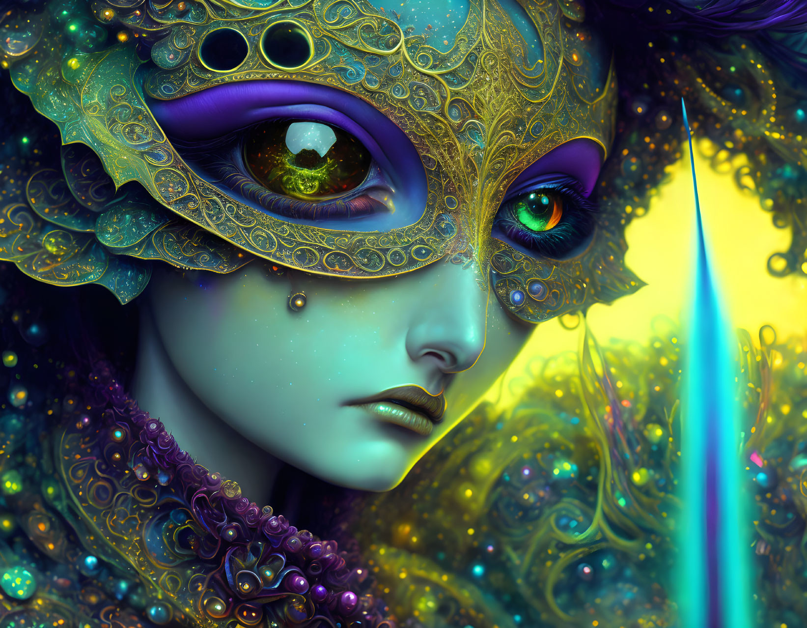 Colorful illustration of person with blue skin, gold and purple mask, green eyes, surrounded by intricate