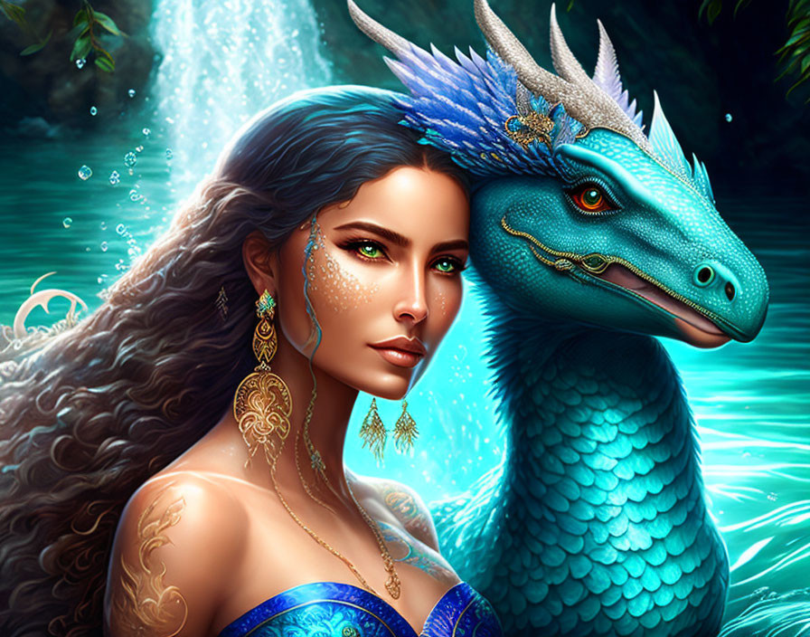 Illustrated woman with flowing hair and gold jewelry next to blue dragon by waterfall