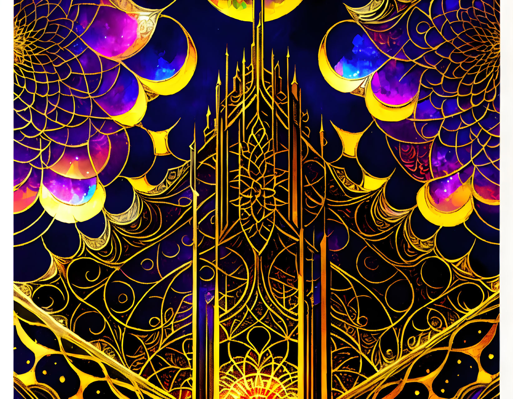 Golden Art Nouveau-inspired structure in cosmic setting with celestial bodies.