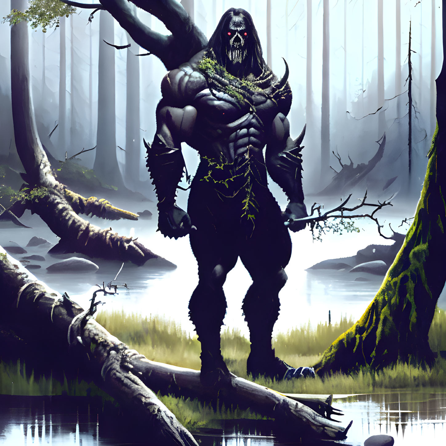 Dark Figure with Glowing Red Eyes in Eerie Forest Swamp