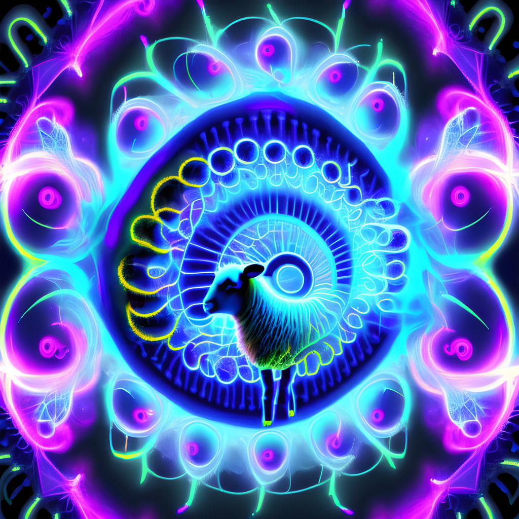 Colorful digital artwork featuring stylized eye with neon blue and pink peacock feather patterns.