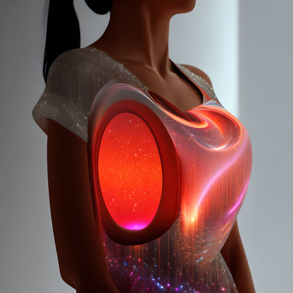 Futuristic woman with glowing red heart in chest surrounded by lights