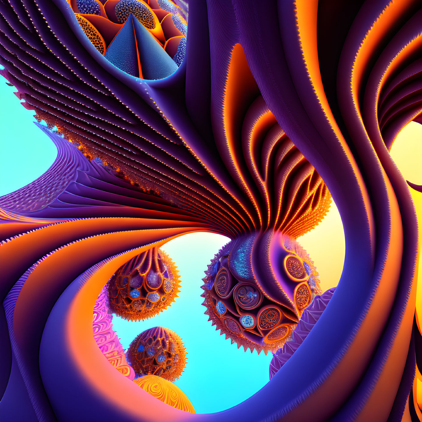 Colorful 3D Fractal Image with Orange and Blue Intricate Patterns