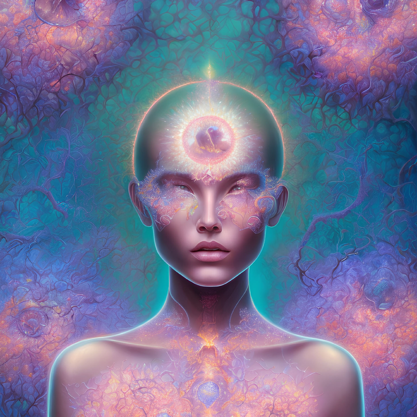 Surreal portrait with third eye and fractal patterns