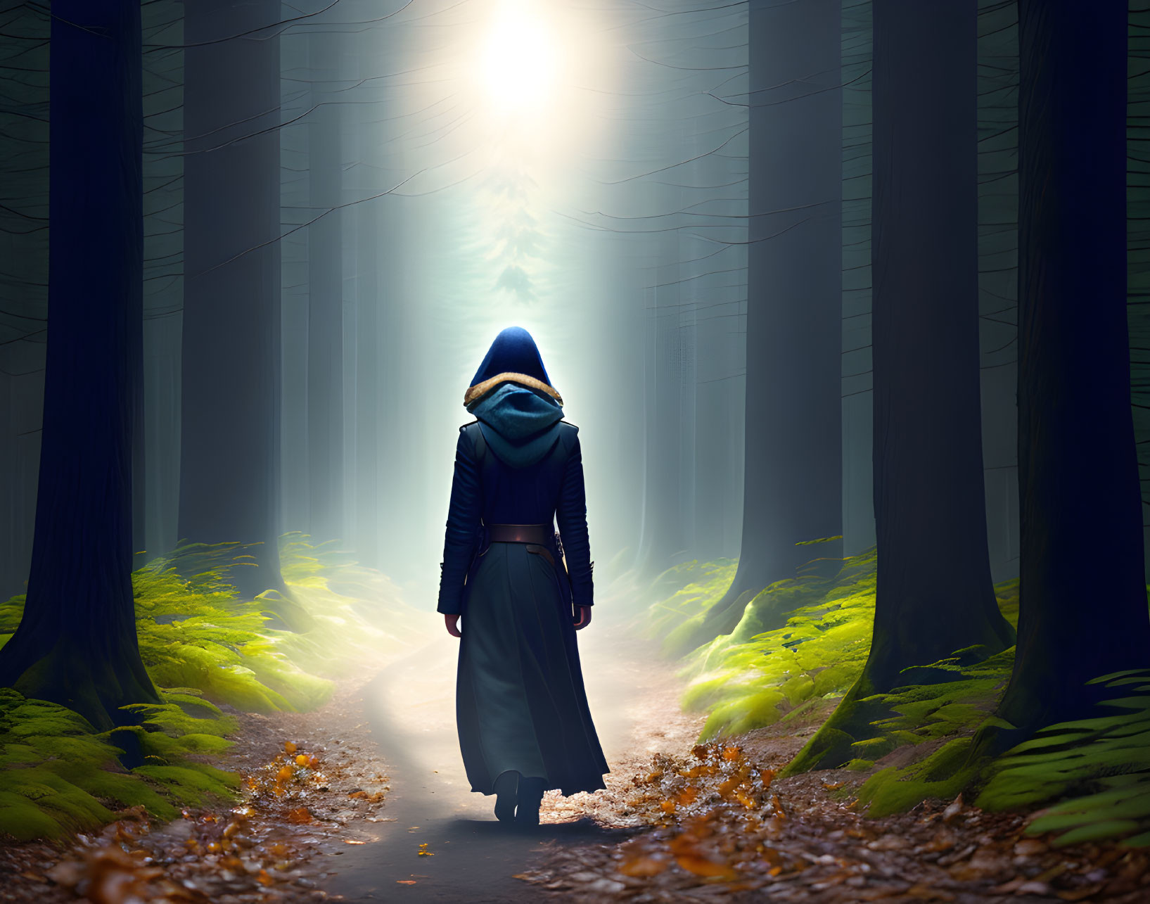 Hooded figure walking in misty forest with sunlight filtering through trees