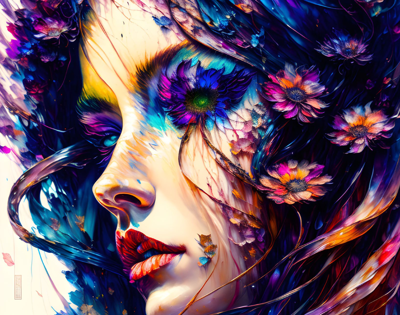 Colorful flower patterns on woman's face artwork.