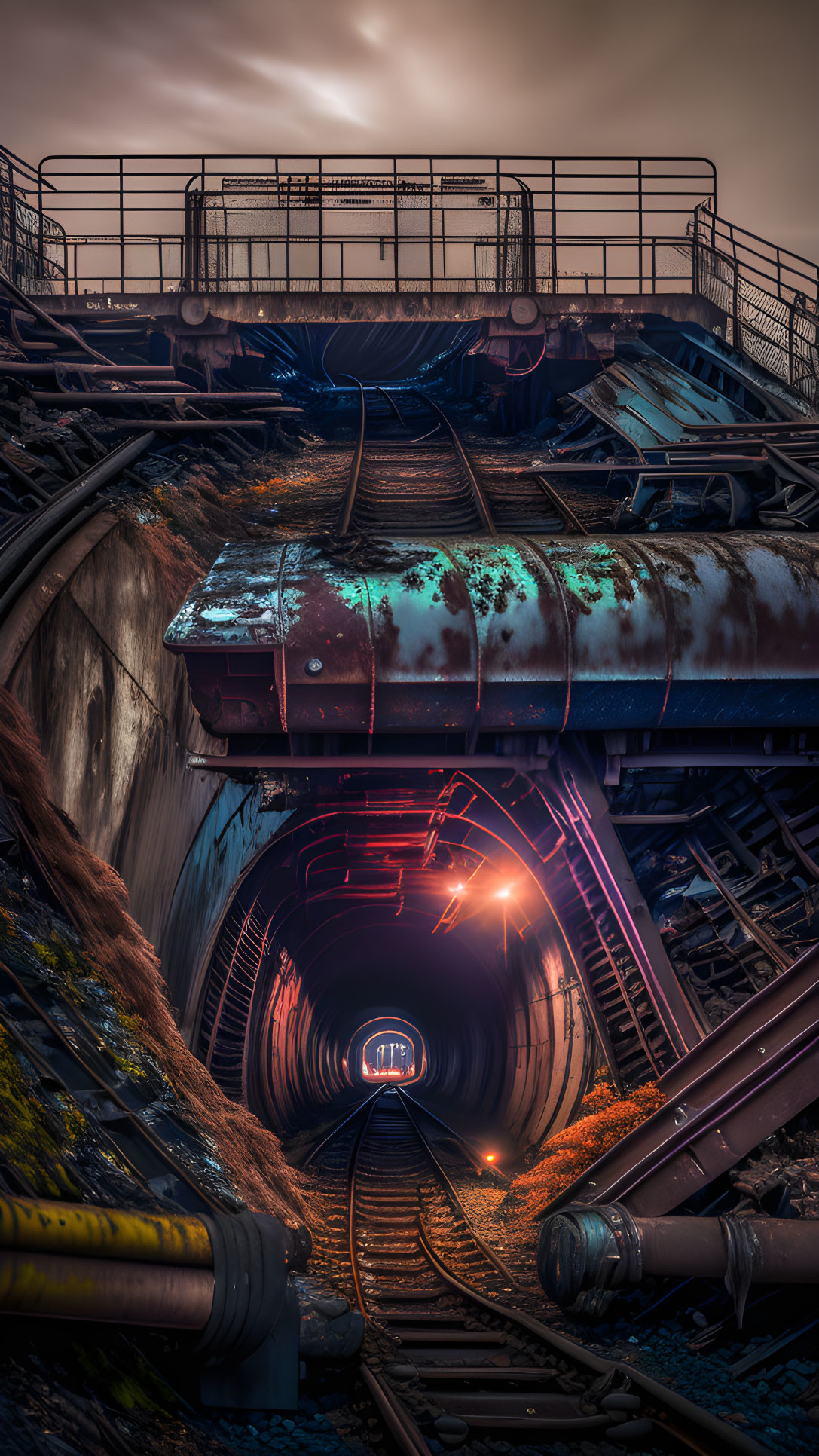 Twilight view of railway tunnel entrance with rusty tracks.