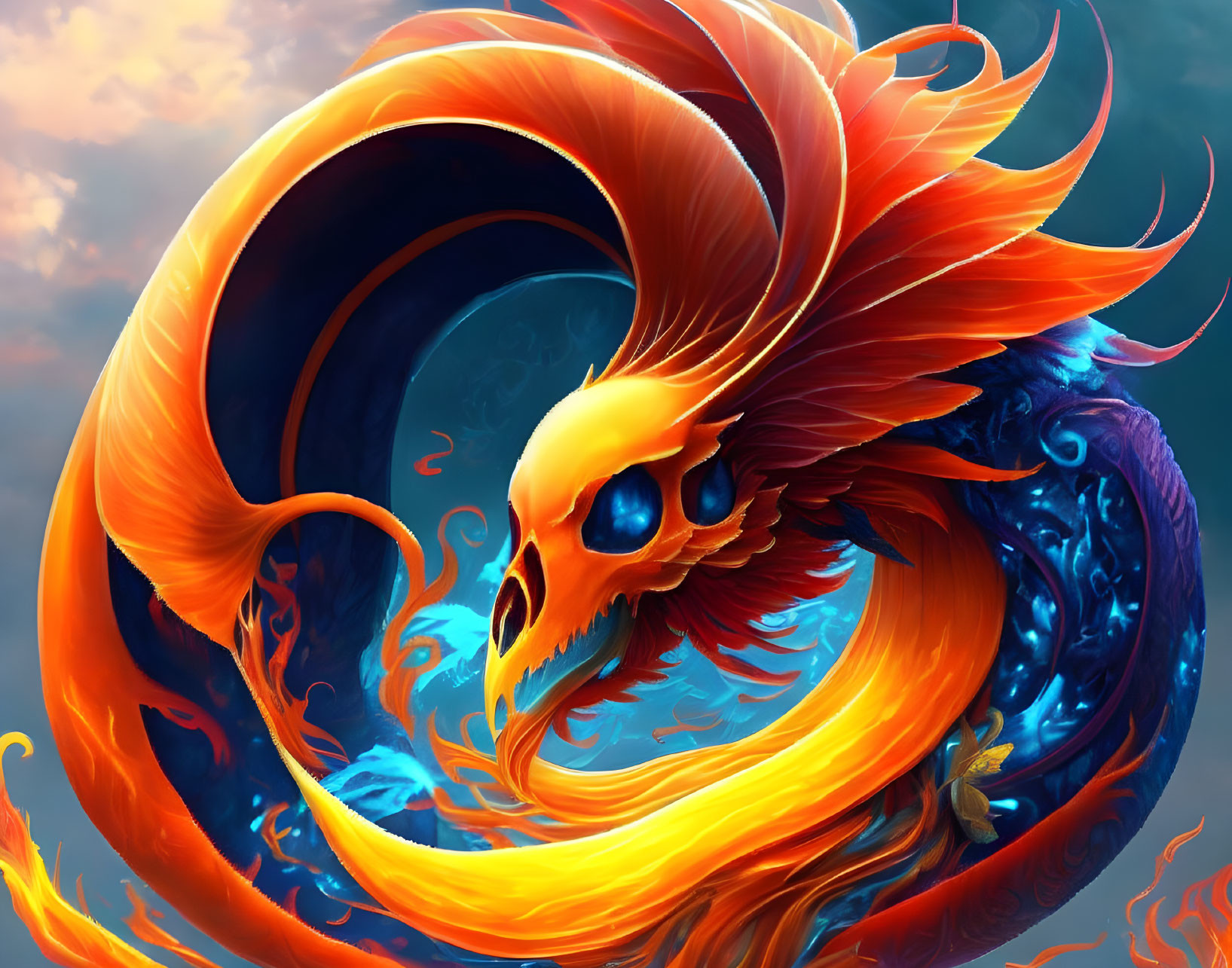 Mythical phoenix illustration with fiery orange feathers