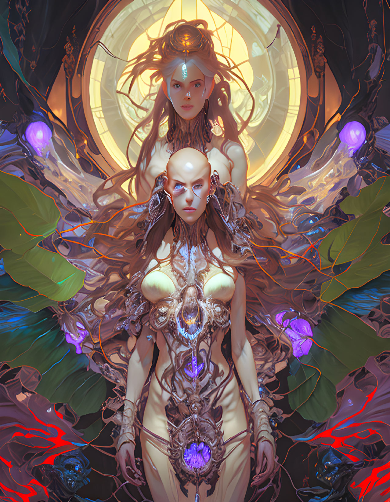 Fantasy illustration of regal characters in vibrant, mystical setting