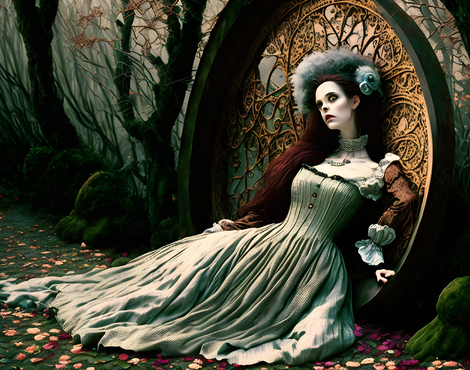 Woman in vintage dress by circular gate in mossy forest with petals and ivy.