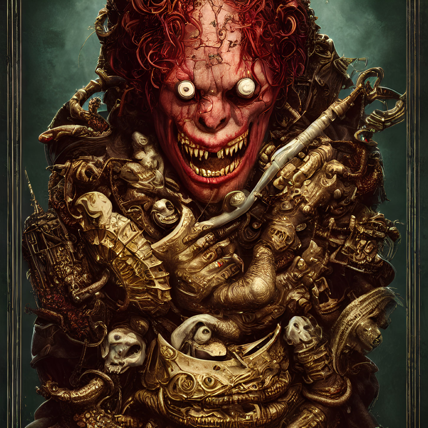 Red-haired character with grotesque features in dark steampunk setting