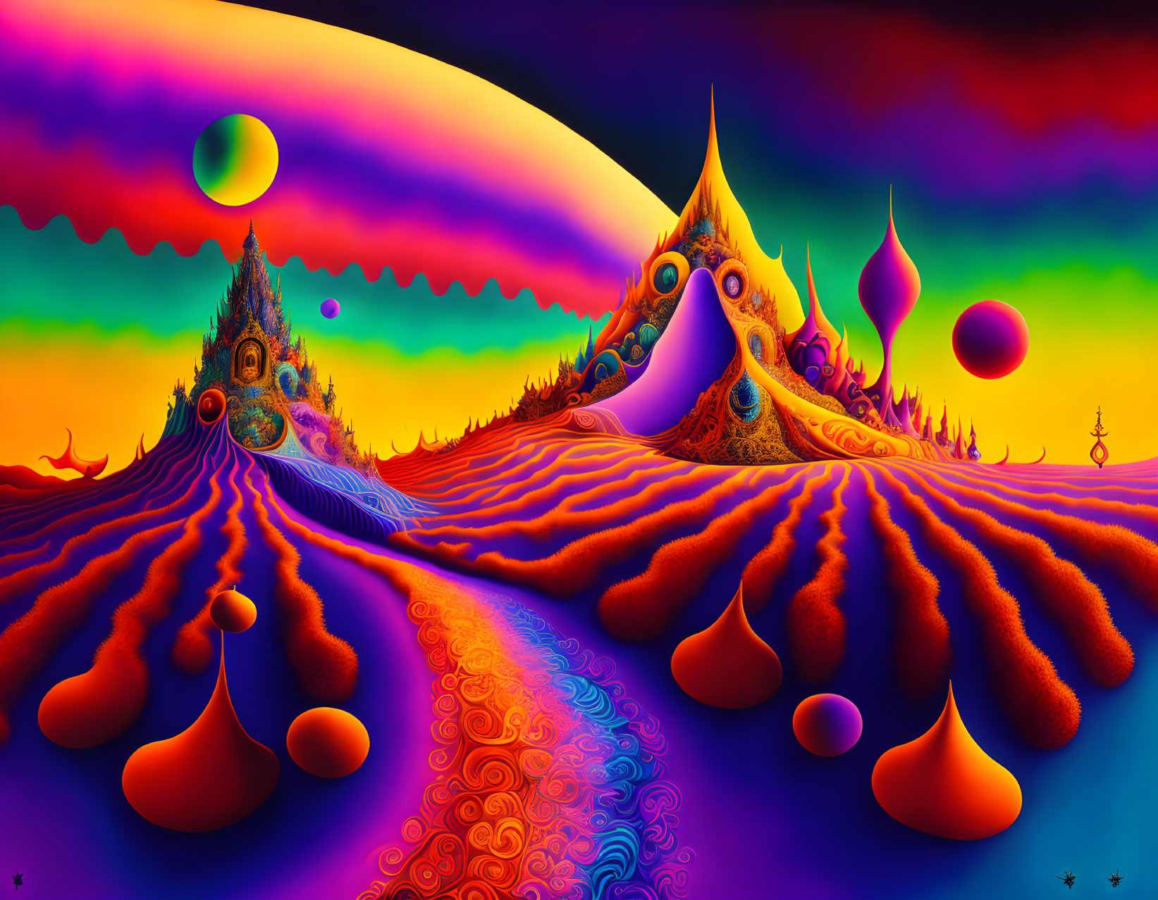 Colorful Psychedelic Landscape with Surreal Peaks and Floating Spheres