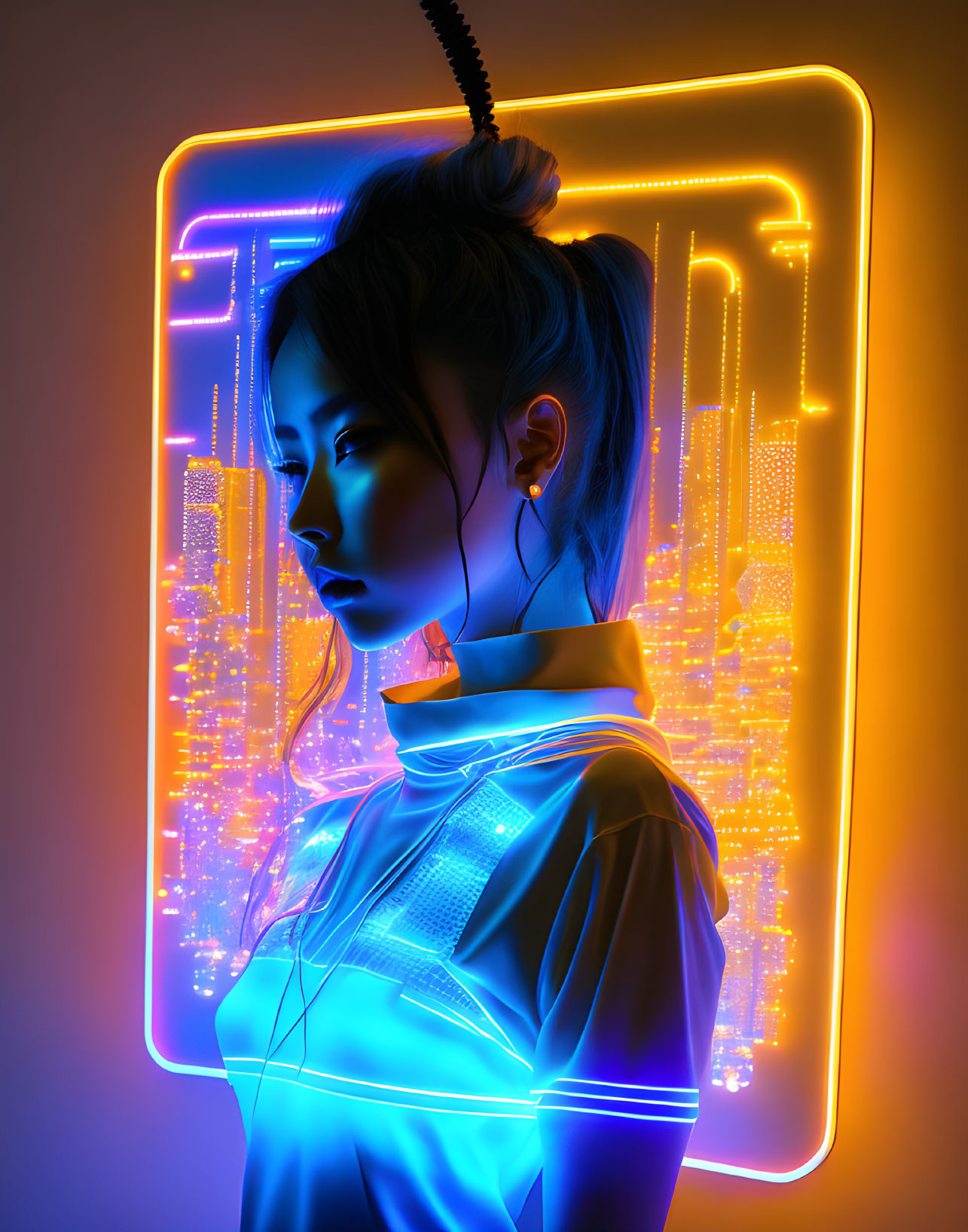 Futuristic woman with neon lighting and cyberpunk cityscape silhouette.