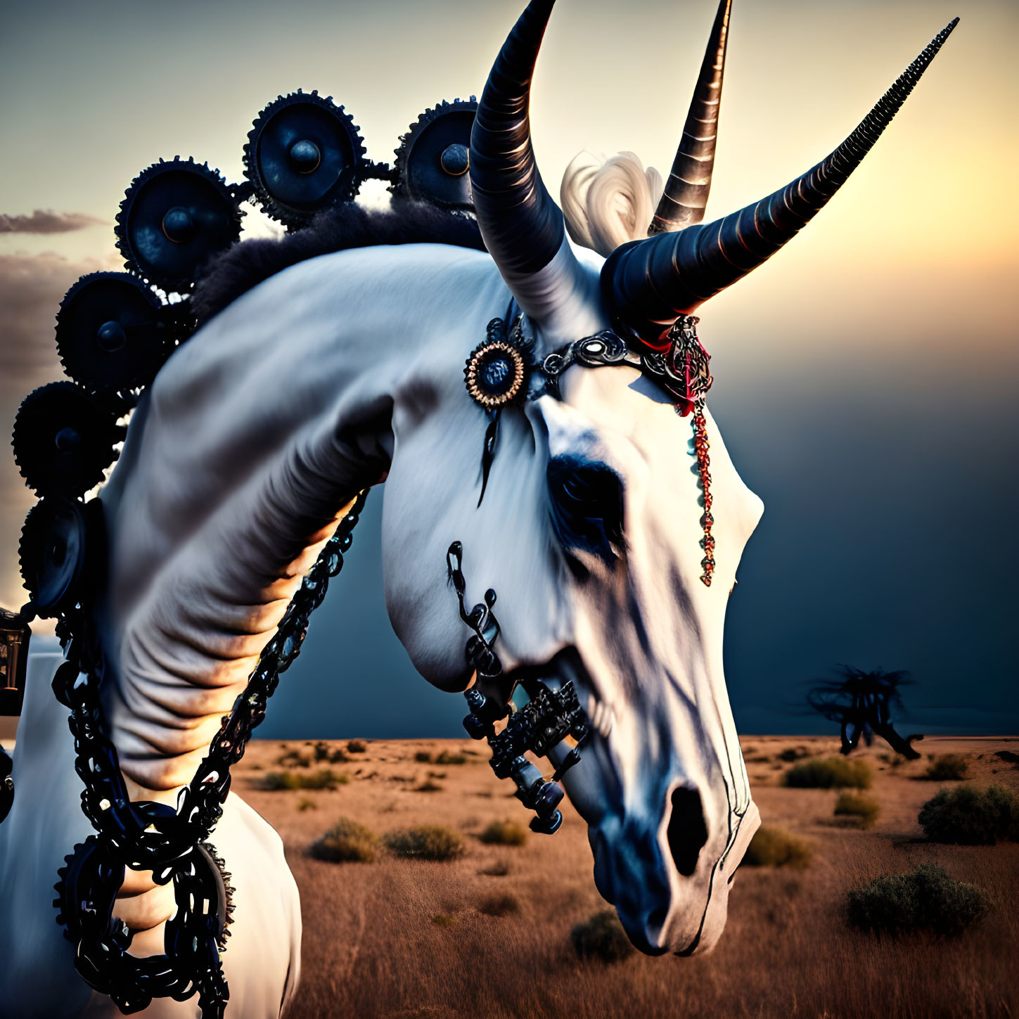 White unicorn with mechanical augmentations and jewelry in desert landscape at dusk