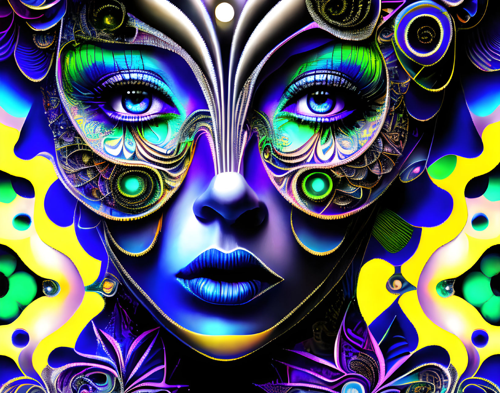 Colorful digital artwork: Female face with peacock feather motifs