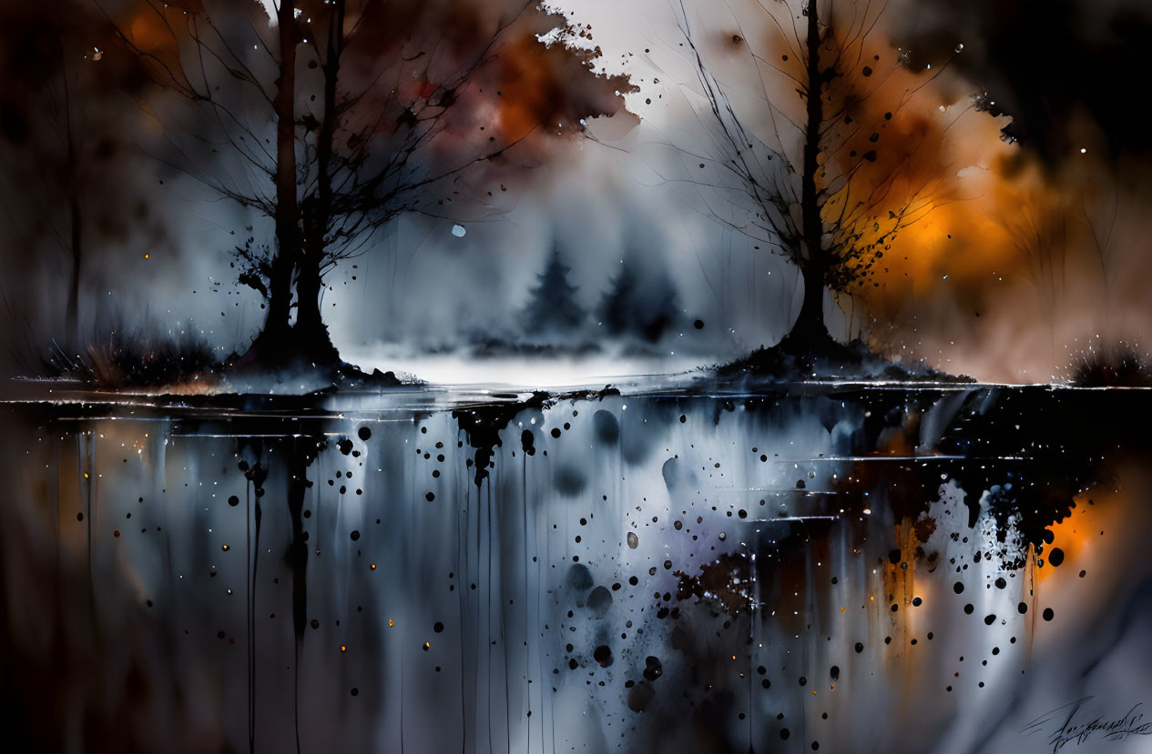 Abstract painting: Trees reflecting on water in autumnal oranges and monochrome shades