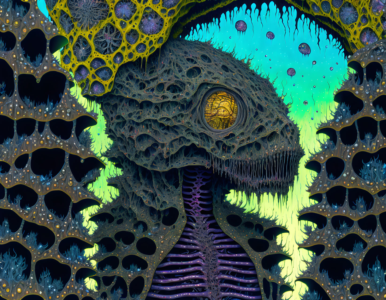 Colorful Coral Landscape with Reptilian Eye and Stalactite Formations