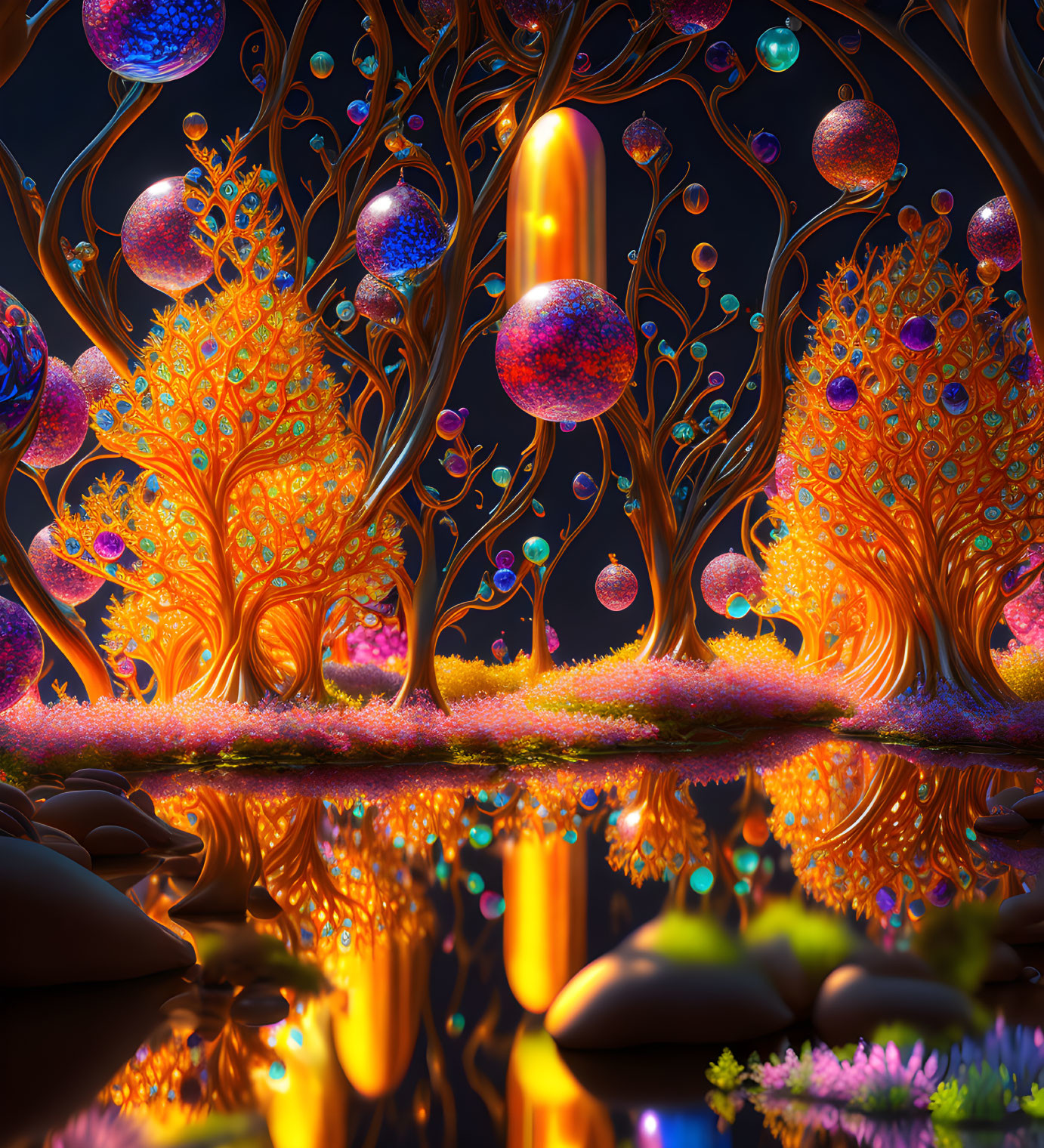 Luminescent Fantasy Forest with Glowing Orbs and Water Reflections