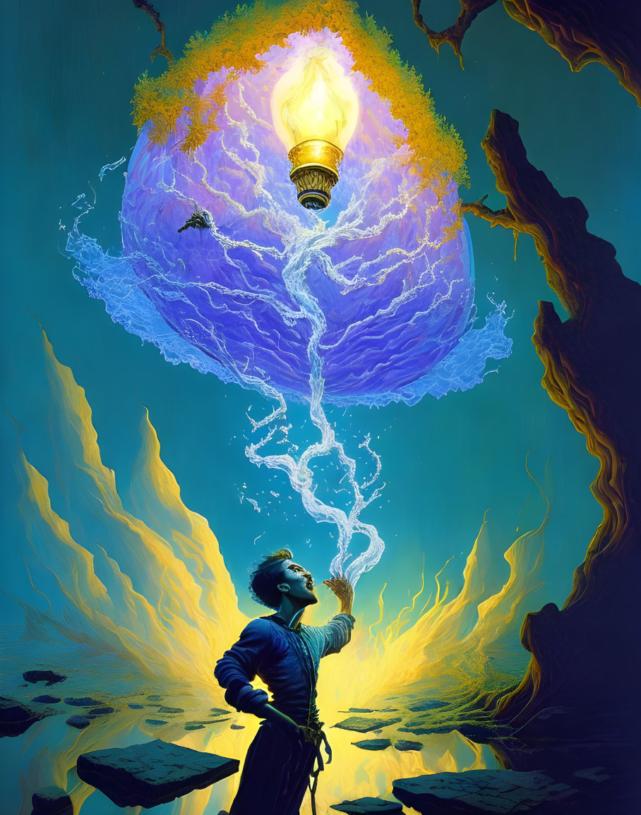 Person looks at giant glowing lightbulb in blue energy sphere surrounded by cliffs.