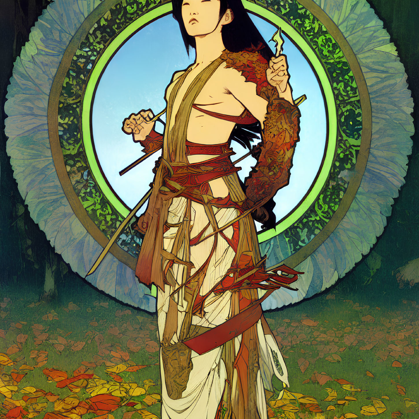 Illustration of warrior with sword in front of moon-like backdrop, surrounded by leaves and feathers