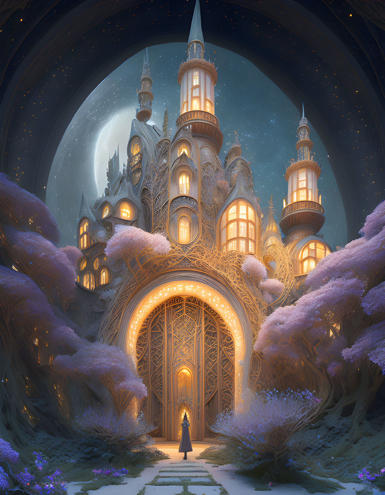 Fantastical castle with glowing doorway and luminescent trees