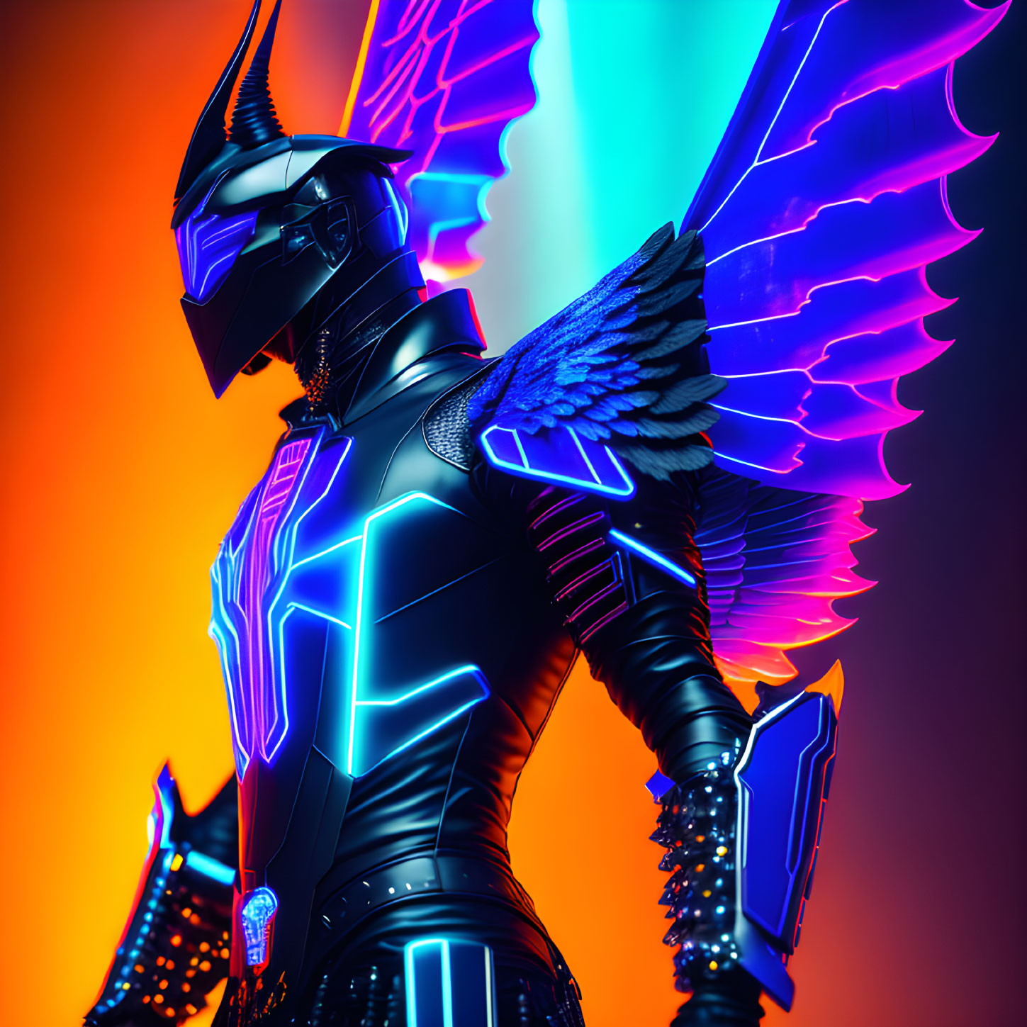 Futuristic knight in glowing blue armor with neon wings on orange and blue gradient.