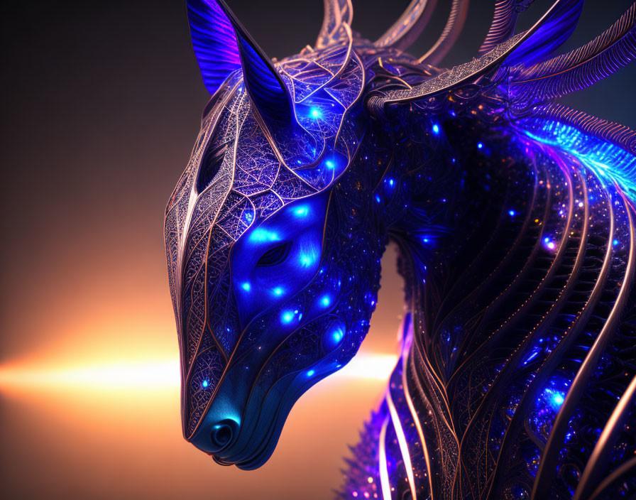 Intricate glowing blue horse head on warm sunset background