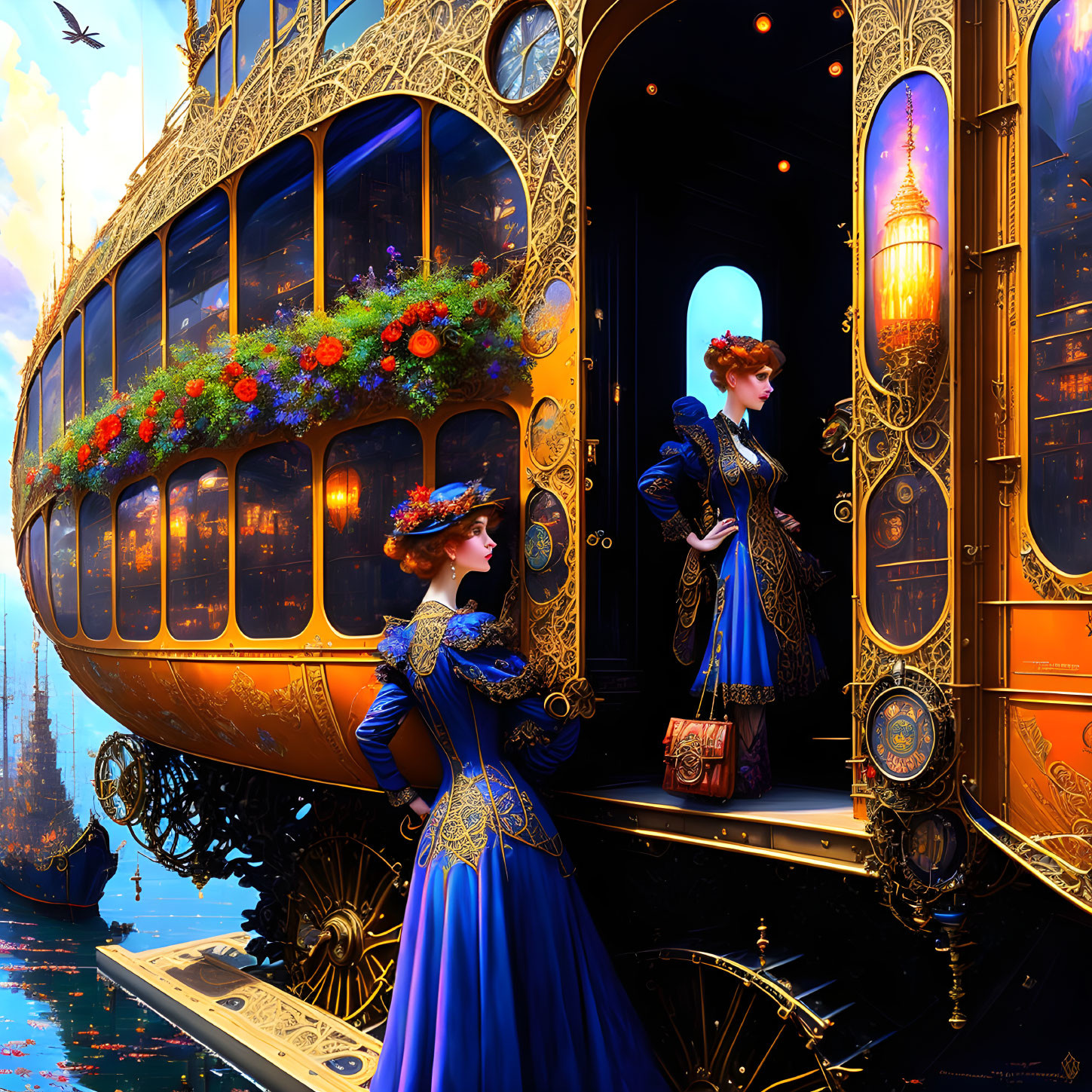 Elegantly dressed women in front of ornate flying vessel and cityscape